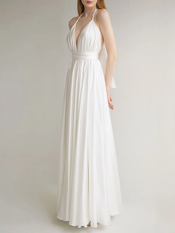 A-line Halter Chiffon Floor-length Wedding Dress With Split Front #UKM00027641