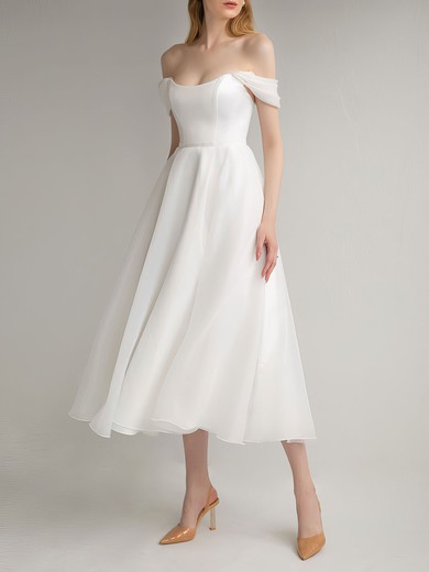 Ball Gown/Princess Off-the-shoulder Chiffon Tea-length Wedding Dress #UKM00027643