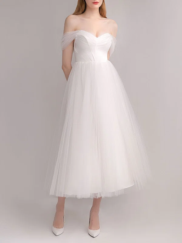 Ball Gown/Princess Off-the-shoulder Tulle Tea-length Wedding Dress #UKM00027644