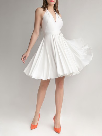 A-line Halter Satin Short/Mini Wedding Dress With Bow #UKM00027650