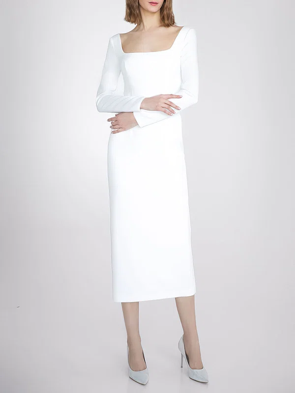 Sheath/Column Square Neckline Stretch Crepe Tea-length Wedding Dress With Split Back #UKM00027656