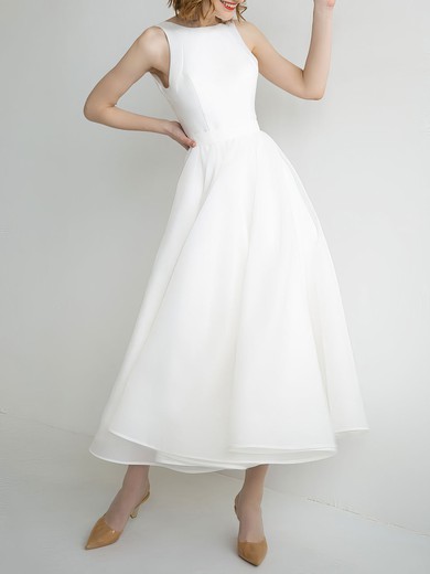 A-line Scoop Neck Chiffon Tea-length Wedding Dress #UKM00027657