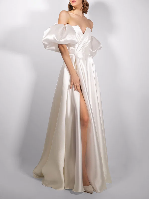 A-line Off-the-shoulder Satin Floor-length Wedding Dress With Split Front #UKM00027658