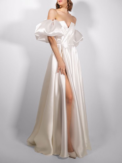 A-line Off-the-shoulder Satin Floor-length Wedding Dress With Split Front #UKM00027658