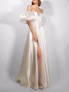 A-line Off-the-shoulder Satin Floor-length Wedding Dress With Split Front #UKM00027658