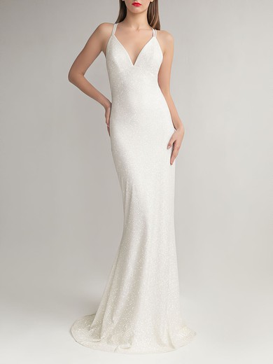 Sheath/Column V-neck Glitter Sweep Train Wedding Dress #UKM00027659