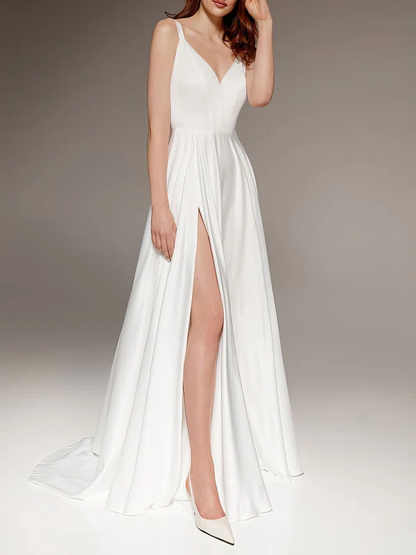 A-line V-neck Satin Court Train Wedding Dress With Split Front #UKM00027661