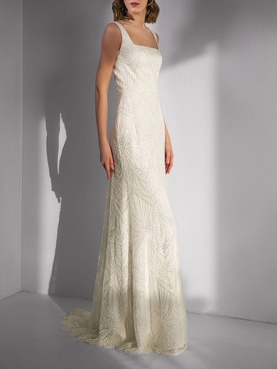 Sheath/Column Square Neckline Lace Floor-length Wedding Dress With Beading #UKM00027667