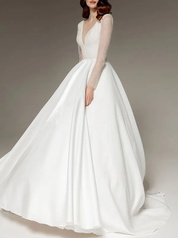 Ball Gown/Princess V-neck Satin Sweep Train Wedding Dress #UKM00027669