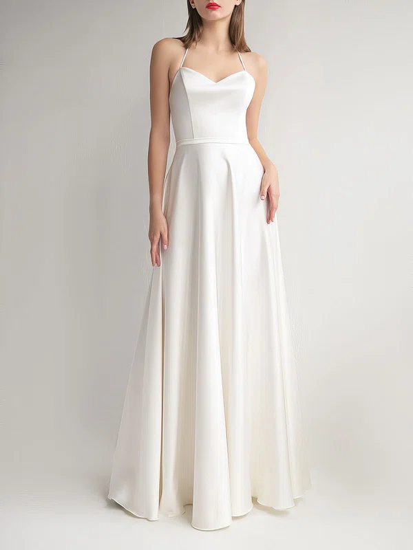 A-line Halter Satin Sweep Train Wedding Dress #UKM00027672