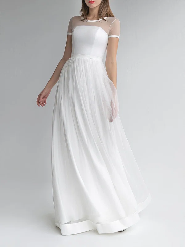 A-line Illusion Tulle Floor-length Wedding Dress #UKM00027673