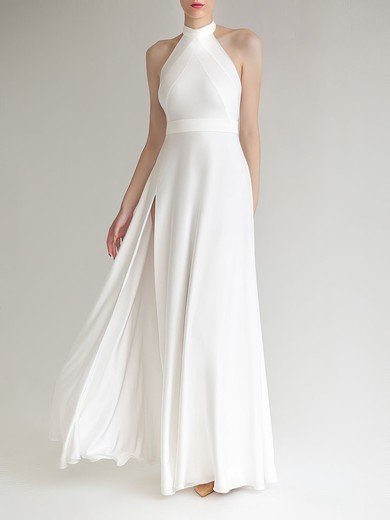 A-line Halter Satin Floor-length Wedding Dress #UKM00027675