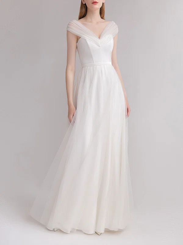 A-line V-neck Satin Tulle Floor-length Wedding Dress With Ruched #UKM00027679