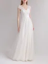 A-line V-neck Satin Tulle Floor-length Wedding Dress With Ruched #UKM00027679