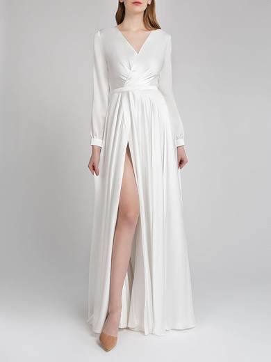 A-line V-neck Satin Floor-length Wedding Dress With Split Front #UKM00027684