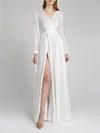 A-line V-neck Satin Floor-length Wedding Dress With Split Front #UKM00027684