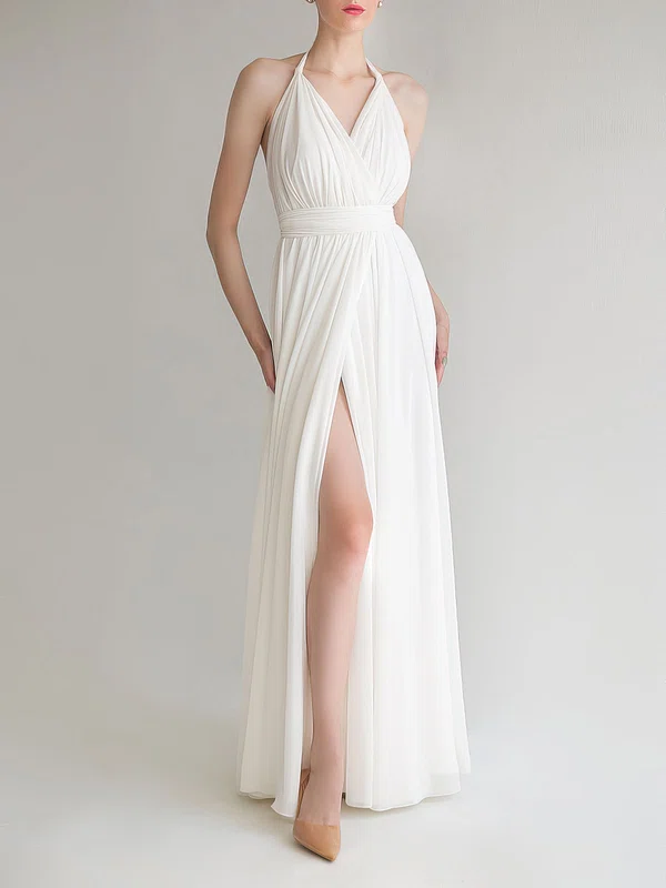 A-line Halter Chiffon Floor-length Wedding Dress With Ruched #UKM00027686