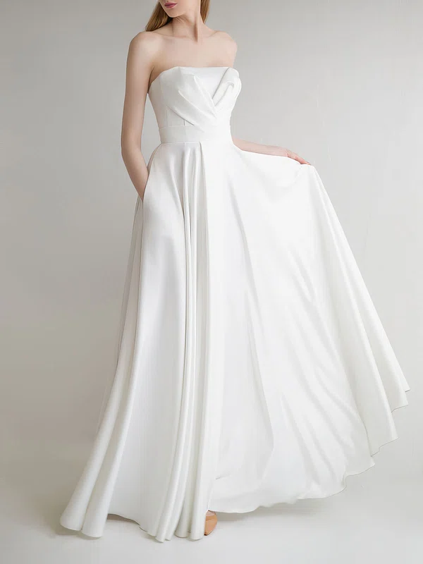 A-line Straight Satin Floor-length Wedding Dress With Ruched #UKM00027687