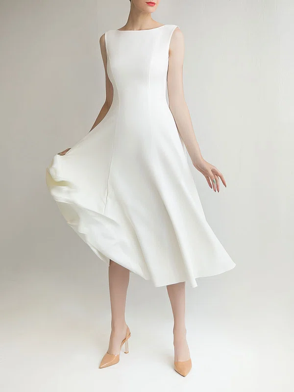 A-line Scoop Neck Satin Chiffon Tea-length Wedding Dress #UKM00027692