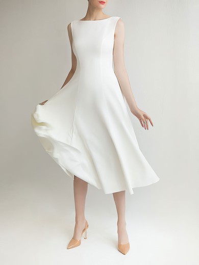 A-line Scoop Neck Satin Chiffon Tea-length Wedding Dress #UKM00027692