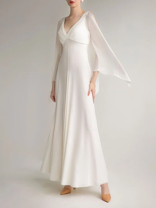 A-line V-neck Satin Chiffon Floor-length Wedding Dress #UKM00027693