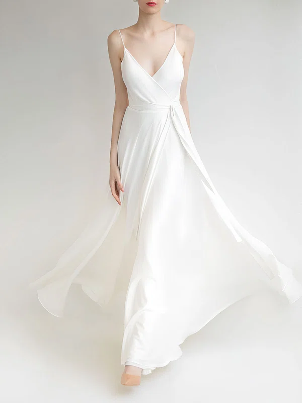 A-line V-neck Satin Floor-length Wedding Dress #UKM00027694