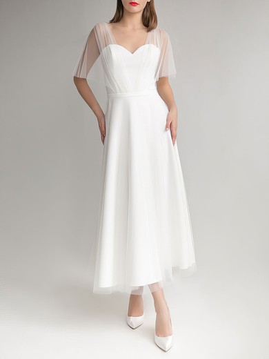 A-line Sweetheart Tulle Stretch Crepe Tea-length Wedding Dress #UKM00027700