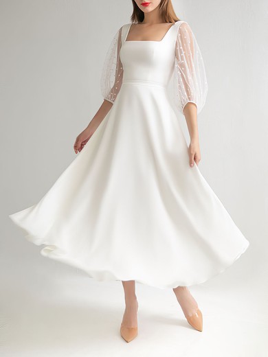 A-line Square Neckline Stretch Crepe Tea-length Wedding Dress #UKM00027701