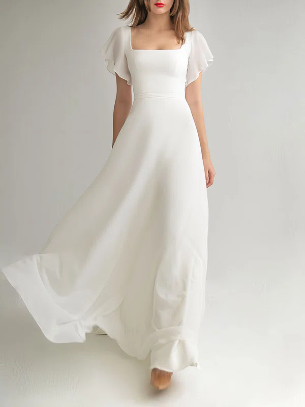 A-line Square Neckline Chiffon Floor-length Wedding Dress With Ruffles #UKM00027702