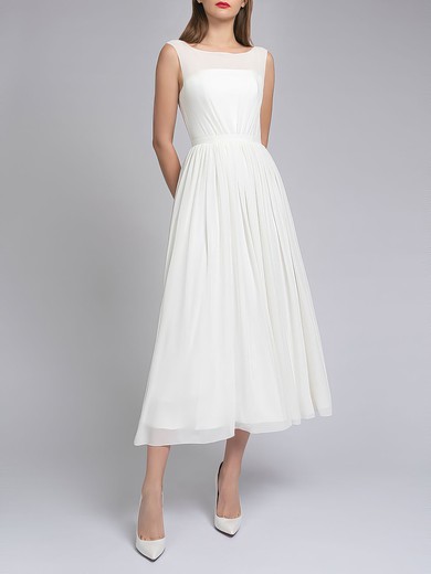 A-line Illusion Chiffon Tea-length Wedding Dress With Ruched #UKM00027704