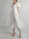 A-line V-neck Chiffon Tea-length Wedding Dress With Ruched #UKM00027705