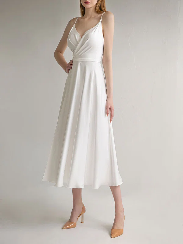 A-line V-neck Satin Tea-length Wedding Dress With Ruched #UKM00027706