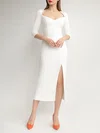 Sheath/Column V-neck Stretch Crepe Tea-length Wedding Dress With Split Front #UKM00027708