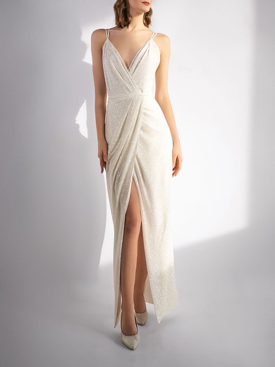 Sheath/Column V-neck Glitter Ankle-length Wedding Dress With Split Front #UKM00027716