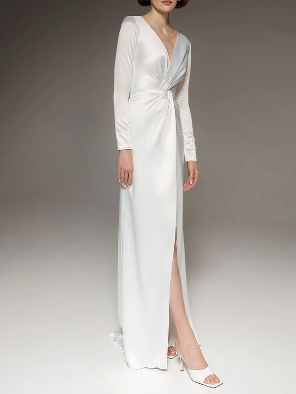 Sheath/Column V-neck Satin Floor-length Wedding Dress With Split Front #UKM00027718