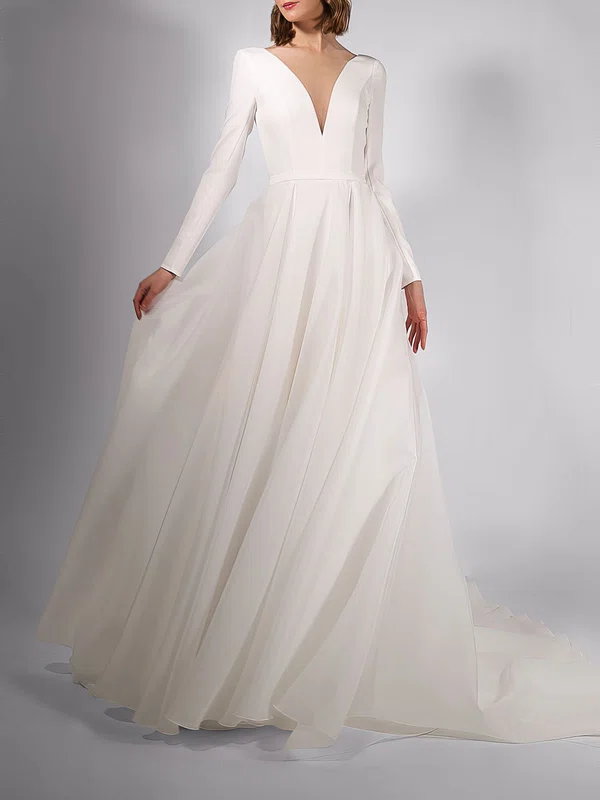 Ball Gown/Princess Illusion Satin Chiffon Court Train Wedding Dress #UKM00027720