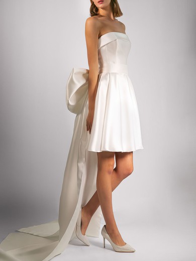 A-line Straight Satin Asymmetrical Wedding Dress With Bow #UKM00027734