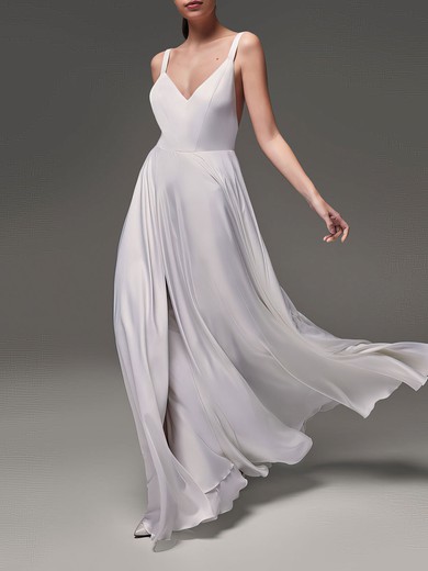 A-line V-neck Satin Chiffon Floor-length Wedding Dress With Split Front #UKM00027741