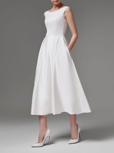 A-line Scoop Neck Satin Tea-length Wedding Dress #UKM00027744