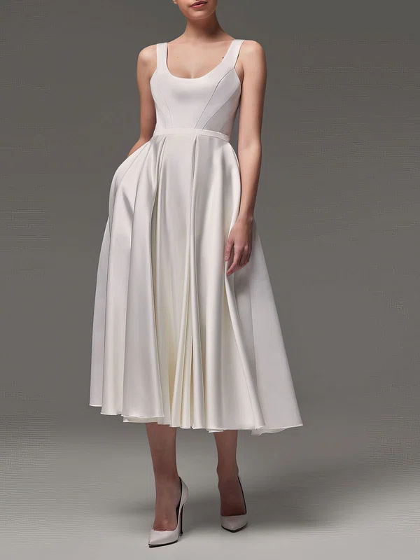 Ball Gown/Princess Scoop Neck Satin Tea-length Wedding Dress #UKM00027745