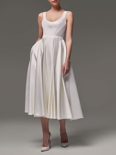 Ball Gown/Princess Scoop Neck Satin Tea-length Wedding Dress #UKM00027745