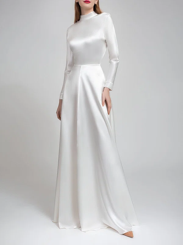 A-line High Neck Satin Floor-length Wedding Dress #UKM00027749