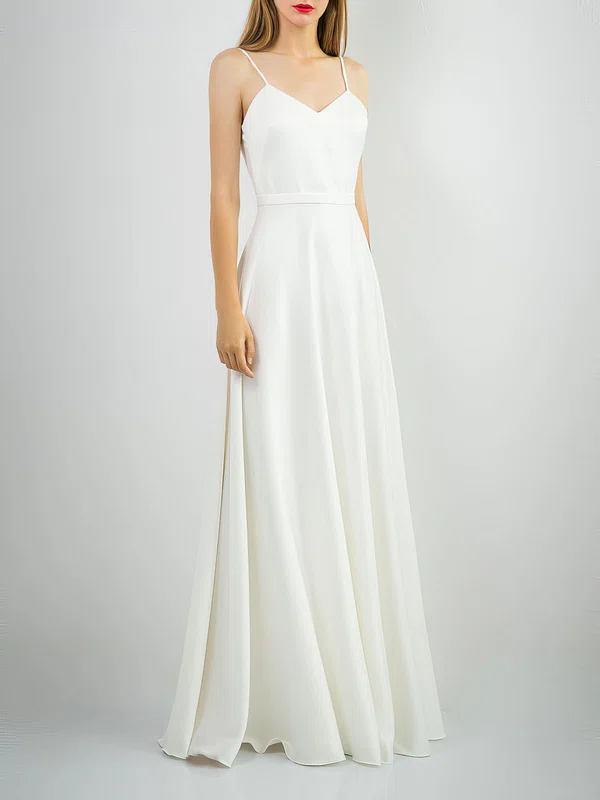 A-line V-neck Satin Chiffon Floor-length Wedding Dress #UKM00027767