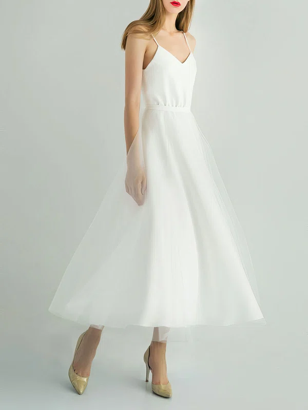 A-line V-neck Tulle Ankle-length Wedding Dress #UKM00027769