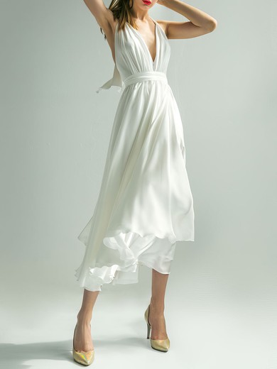 A-line V-neck Chiffon Ankle-length Wedding Dress With Bow #UKM00027771