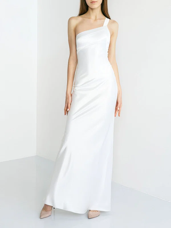 Sheath/Column One Shoulder Satin Floor-length Wedding Dress #UKM00027774