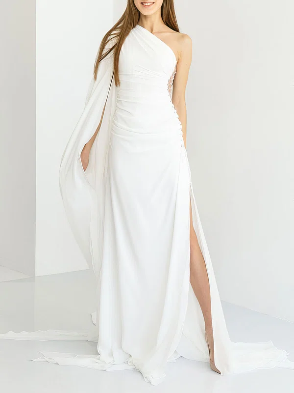 Sheath/Column One Shoulder Chiffon Sweep Train Wedding Dress With Split Front #UKM00027775