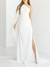 Sheath/Column One Shoulder Chiffon Sweep Train Wedding Dress With Split Front #UKM00027775