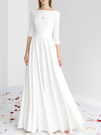 A-line Scoop Neck Stretch Crepe Floor-length Wedding Dress #UKM00027790