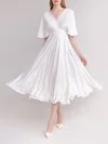 A-line V-neck Chiffon Tea-length Wedding Dress #UKM00027791